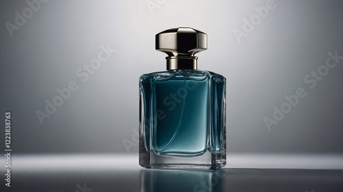 Designer glass perfume bottle with luxurious simple design illuminated by bokeh effect on a dark professional background perfume commercial advertisement display