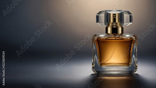 Elegant and sleek glass perfume bottle with simple design and bokeh lighting on a dark moody background perfume commercial advertisement display
