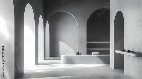 Minimalist grayscale product display in arched hallway. Shadow Arch. Illustration