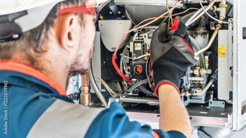 Technician working on furnace with safety gear and tools for maintenance