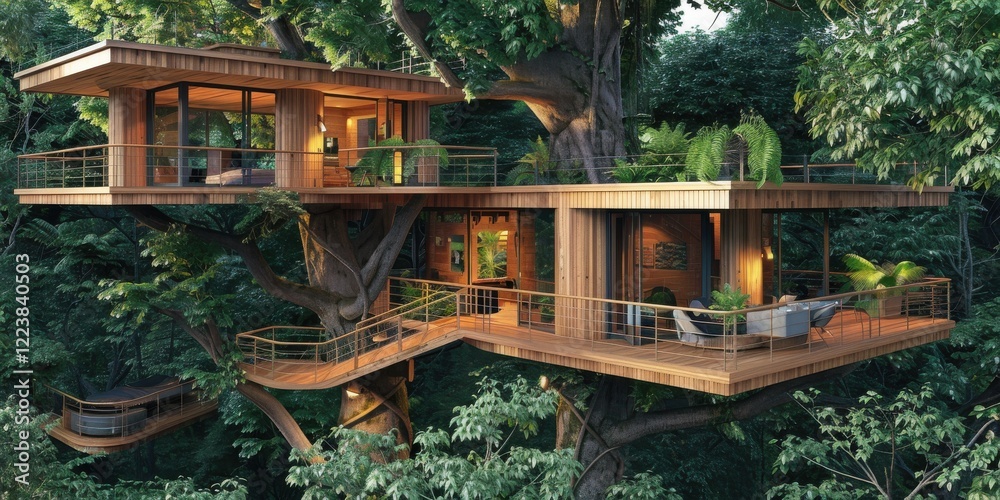 Fototapeta premium Artistic eco treehouse. Sustainable wood construction. Open decks natural ventilation. Lush forest setting. A tranquil escape.