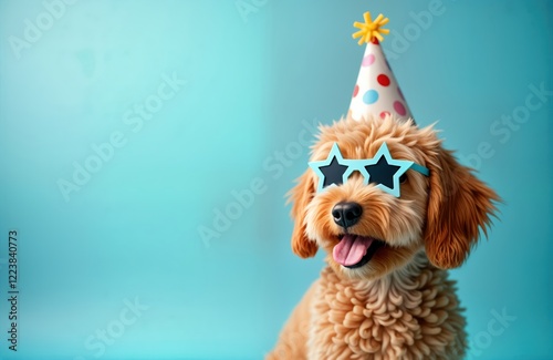 Adorable goldendoodle puppy wears party hat, star-shaped sunglasses against light blue backdrop. Cute pet ready for birthday celebration. Perfect for birthday party cards invitations. Happy pup ideal