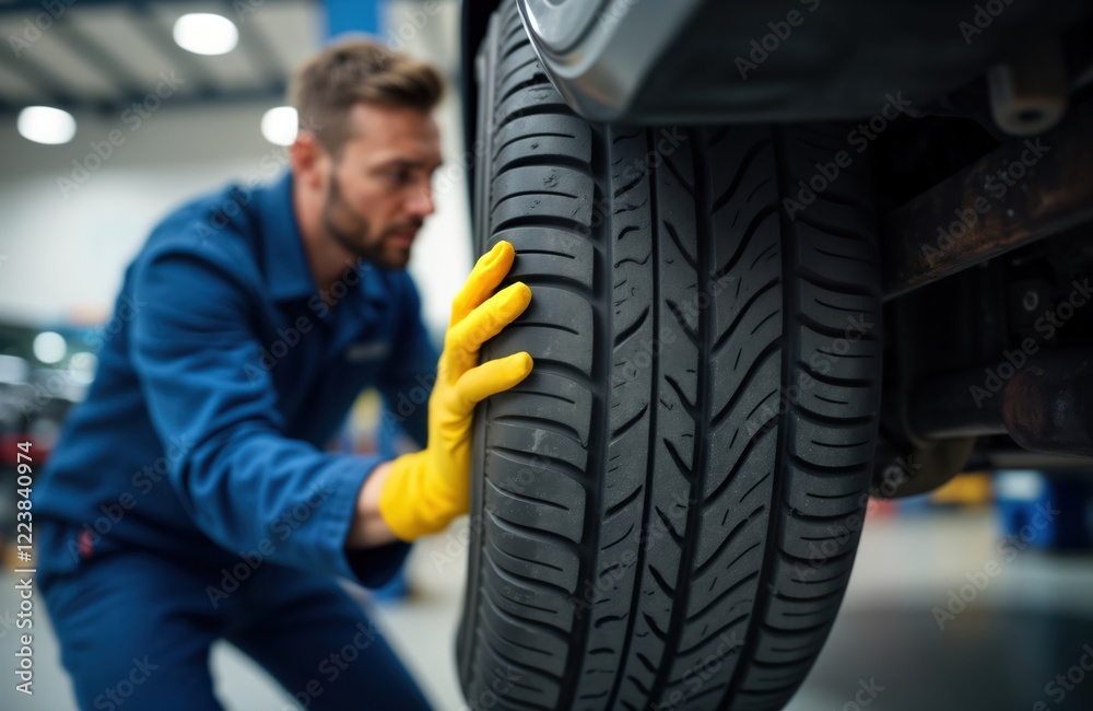 Fototapeta premium Mechanic examines car tire in garage. Skilled technician inspects rubber tread for vehicle safety. Focused repairman ensures tire protection, performance. Automotive repair takes place in noisy