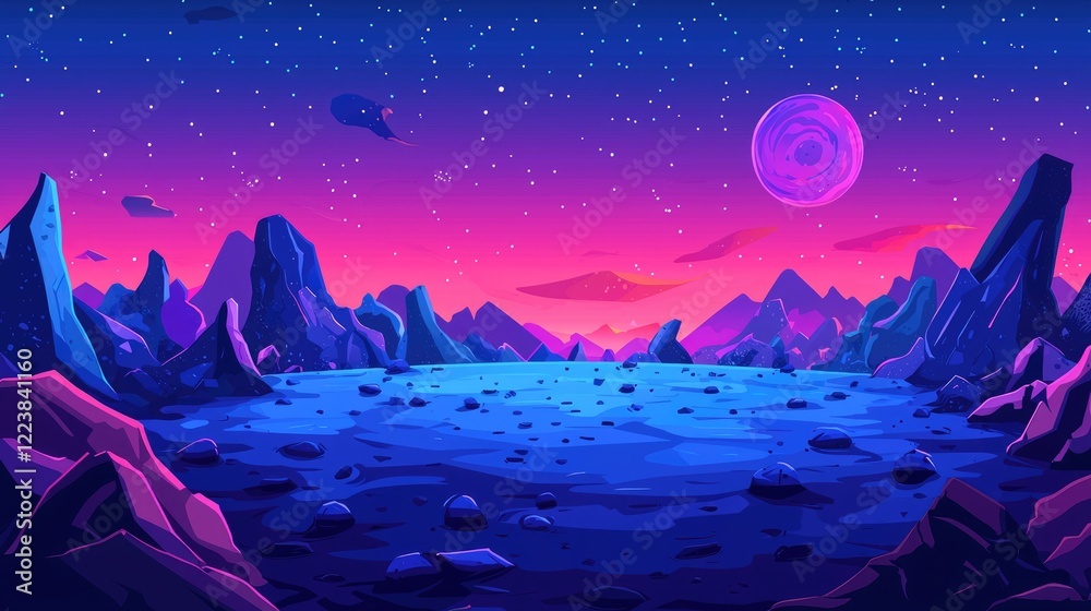 Fototapeta premium A vibrant alien landscape with blue mountains, a pink moon, and a starry sky.