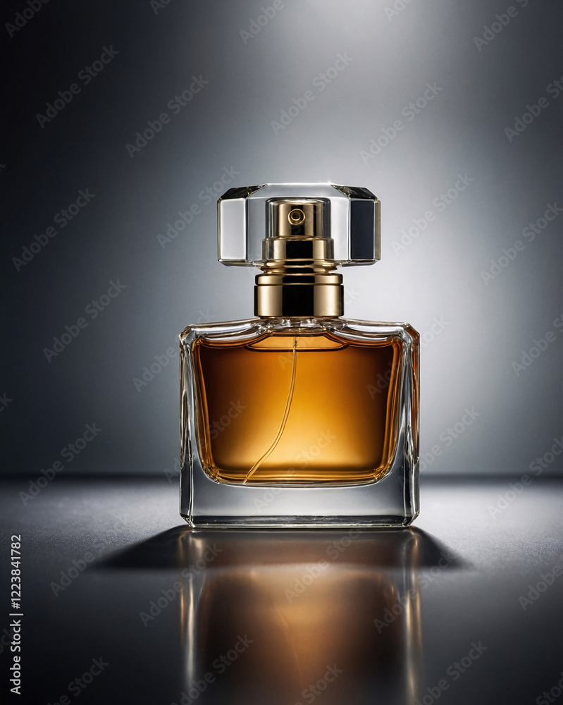 Simple and luxurious glass perfume bottle with bokeh highlights captured on a dark moody backdrop perfume commercial advertisement display Simple and luxurious glass perfume bottle with bokeh highlights captured on a dark moody backdrop perfume commercial advertisement display