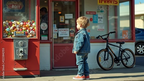 A kid in a denim jacket and sneakers standing next to a vintage gumball machine outside a convenience store, the pavement cracked and a bike leaned against the wall.