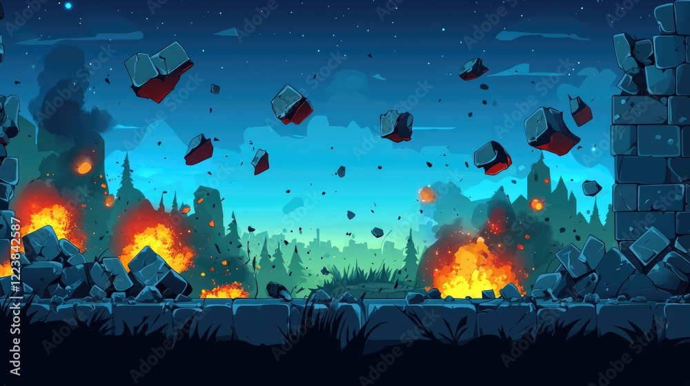 Fototapeta premium Nighttime Scene of Explosions and a Crumbling Stone Wall