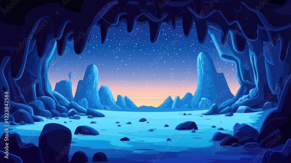 Fototapeta premium A Cave Entrance Reveals a Starry Night Sky Over Blue Mountain Range