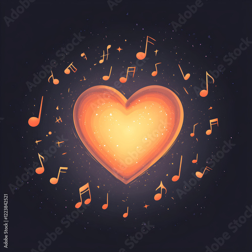 A glowing heart surrounded by floating musical symbols in the air photo