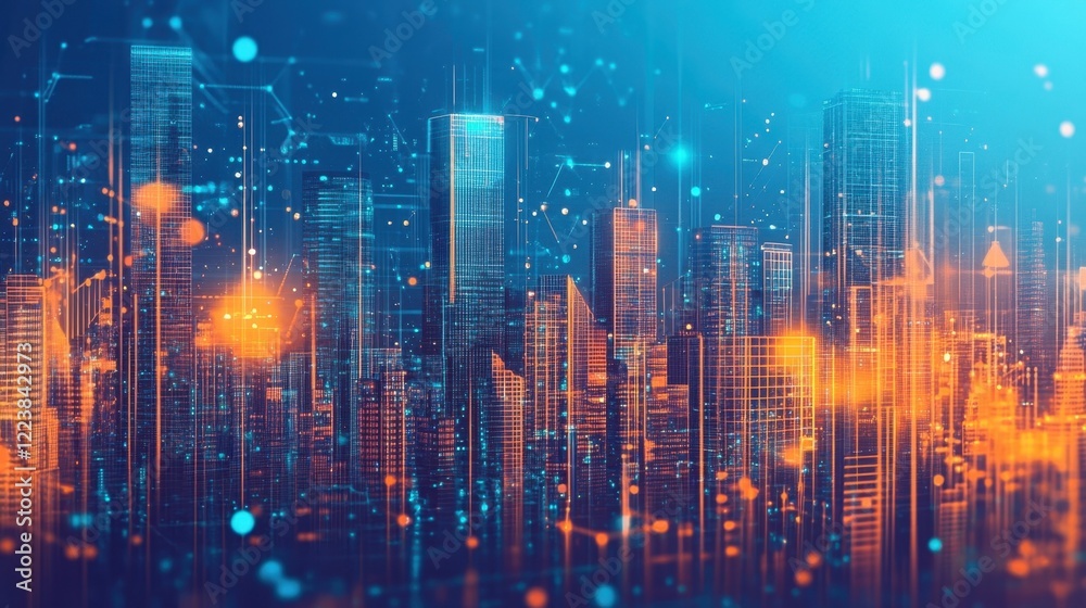 Fototapeta premium Illuminated skyscrapers at night forming a smart city, connected by a network of digital lines and dots, symbolizing data exchange and technological advancement