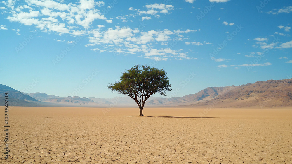 Lone tree standing in vast desert landscape under a clear blue sky with distant mountains Lone tree standing in vast desert landscape under a clear blue sky with distant mountains