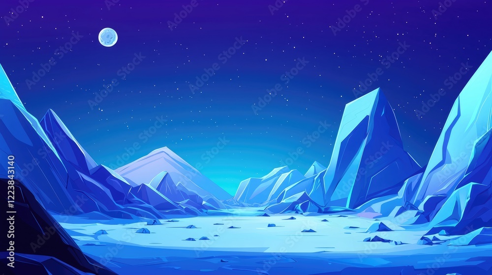 Obraz premium A Nighttime View of a Frozen Landscape with a Crescent Moon