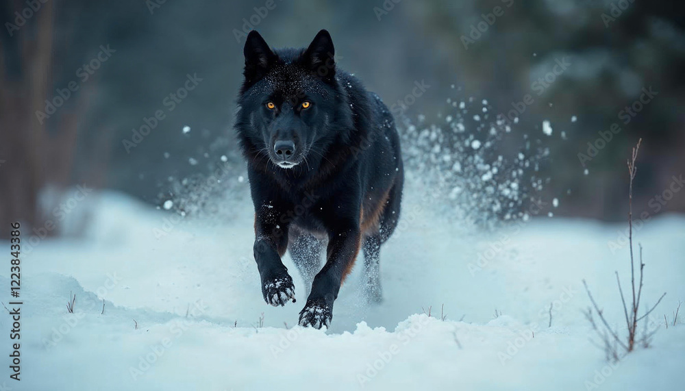 Fototapeta premium Black Wolf Running in Snow Winter Wildlife Photography