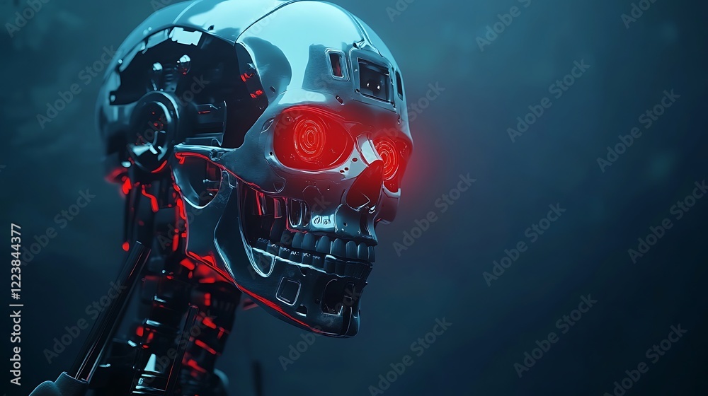Robotic skull, glowing eyes, dark background, sci-fi concept Robotic skull, glowing eyes, dark background, sci-fi concept