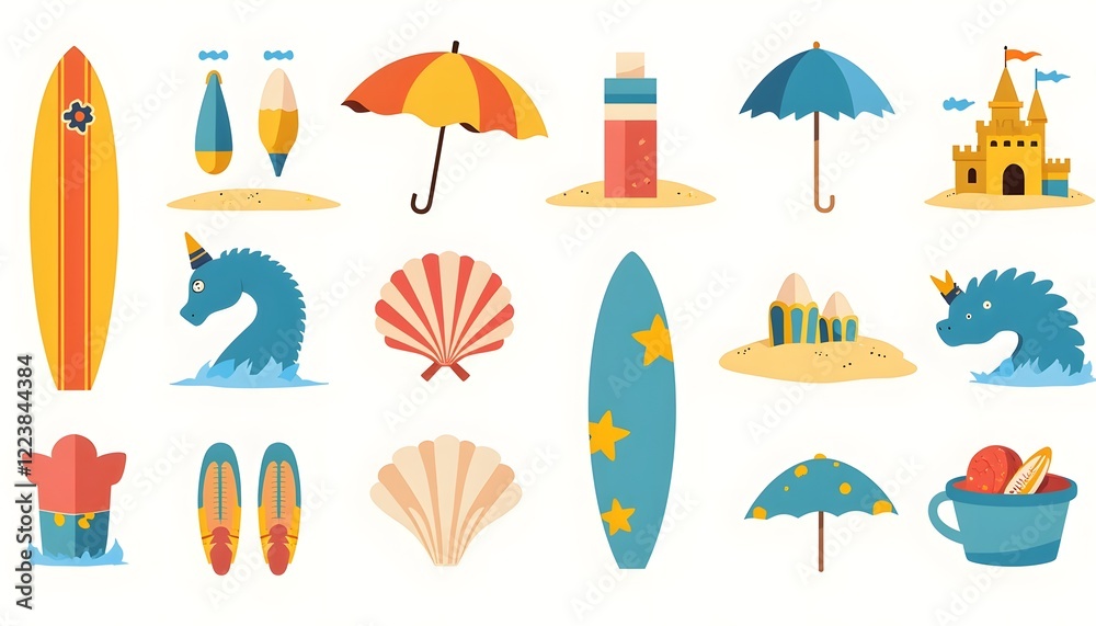 Fototapeta premium Summer Beach Fun Illustrations Featuring Surfboards Unicorns and Sandcastles