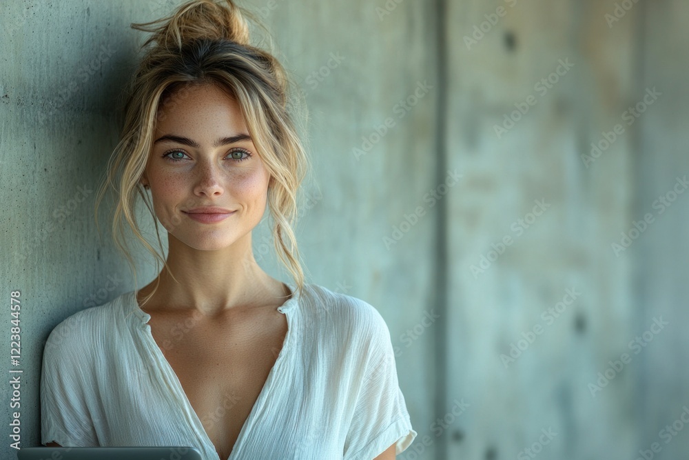 Smiling Professional Woman with Laptop in White Blouse Against Concrete Wall Smiling Professional Woman with Laptop in White Blouse Against Concrete Wall