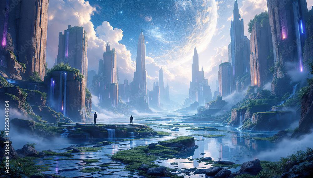 Fototapeta premium Futuristic Cityscape River Valley Two Figures Contemplate