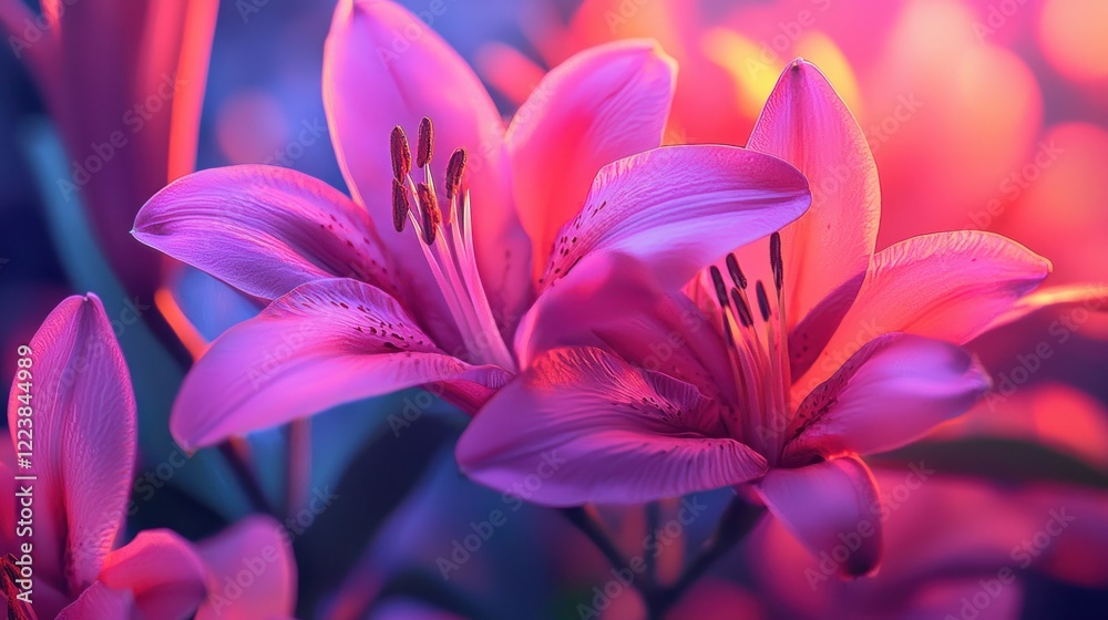 Naklejka premium Vibrant Pink Lilies in Sunset Glow: A Close-Up Macro Photography