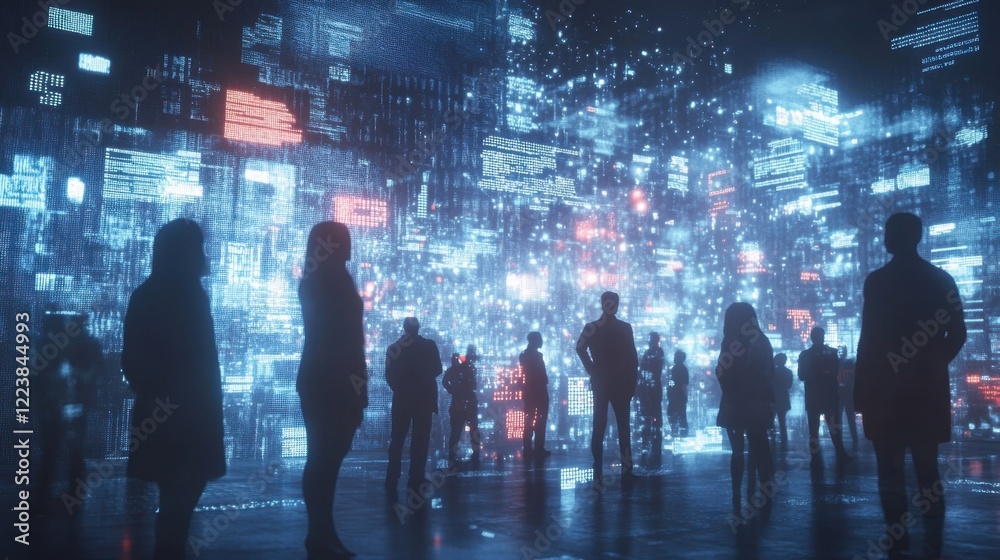 Silhouetted businesspeople observing a captivating visualization of futuristic cyberspace data flow, immersed in a dark environment filled with glowing blue light and abstract patterns Silhouetted businesspeople observing a captivating visualization of futuristic cyberspace data flow, immersed in a dark environment filled with glowing blue light and abstract patterns