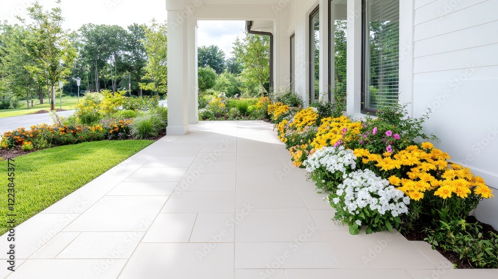 Naklejka premium House porch, flowerbeds, summer landscaping, sunny day, real estate