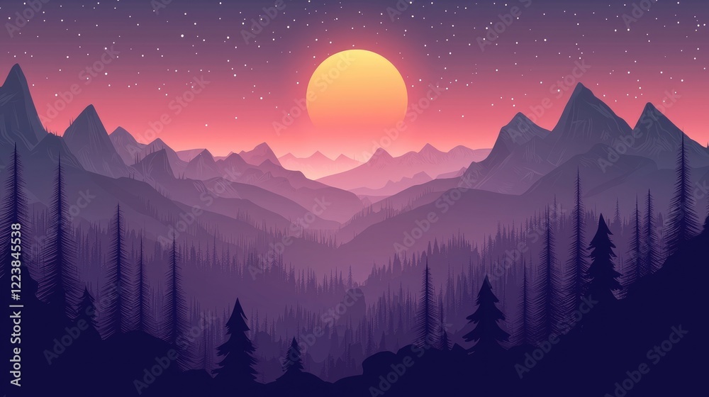 Naklejka premium Silhouette of Pine Trees in Front of a Mountain Range Under a Setting Sun and Starry Sky