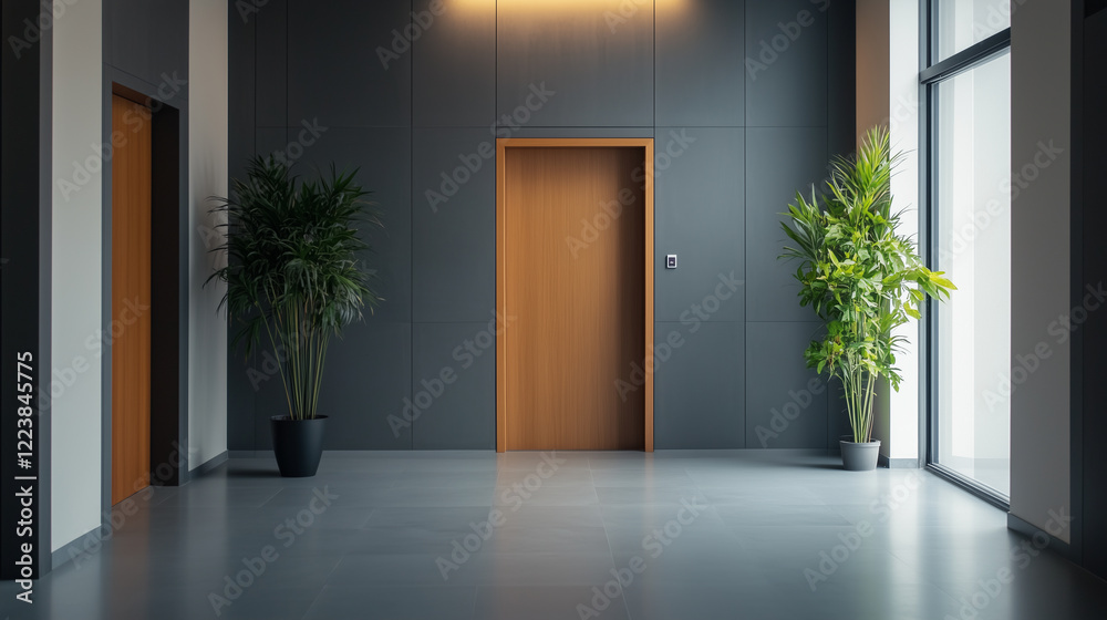 Fototapeta premium Modern hallway with elevator and indoor plants, featuring sleek design.
