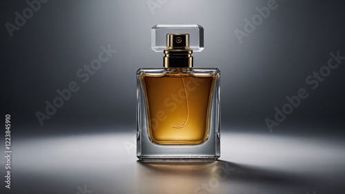 Chic glass perfume bottle with luxurious minimalist design and soft bokeh effect on a dark atmospheric backdrop perfume commercial advertisement display
