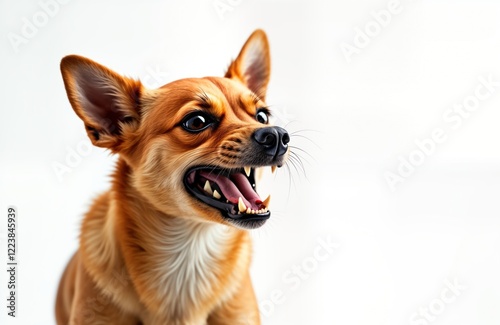 Angry young dog with open mouth, showing teeth. Dog looks fierce, aggressive. Close up view of dog head against plain white background. Dog appears to warning ready to attack. Photo shows animal photo