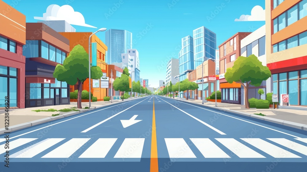 Fototapeta premium Empty Street in a City with Buildings and Trees