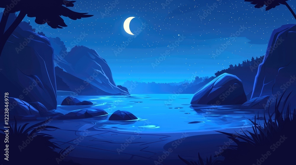 Obraz premium A crescent moon illuminates the night sky over a still lake surrounded by mountains