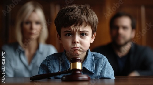 Sad boy sitting at a table in the background of his parents.