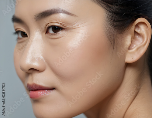 Close Up Potrait Asian Woman from Side View with Dull Skin and Wrinkles on her face sign of Aging