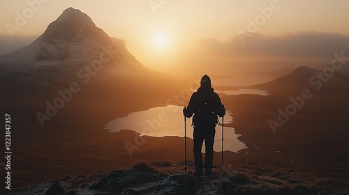 A lone hiker admires a sunrise over majestic mountains photo