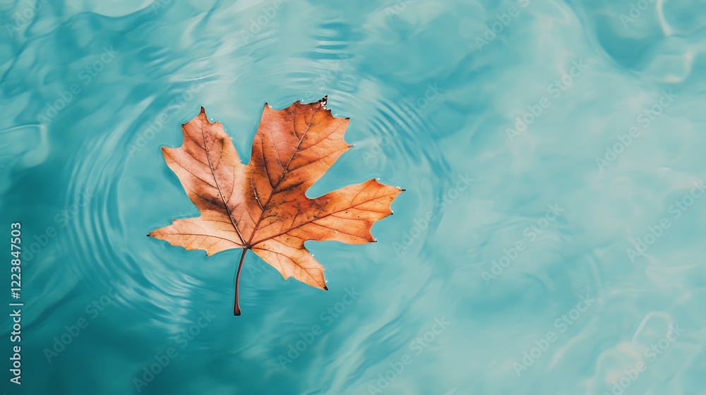 Autumn leaf floats on teal water; calm background. Use website banner Autumn leaf floats on teal water; calm background. Use website banner