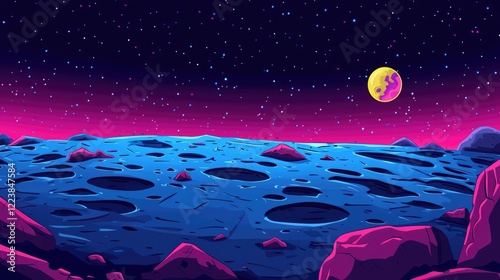 A cartoon depiction of a planet's surface at night with craters, rocks, and a moon in the sky