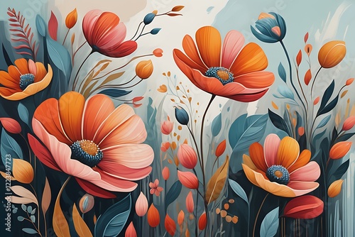 Minimaist Boho Floral Abstract with Oil Painting and Flat Design photo