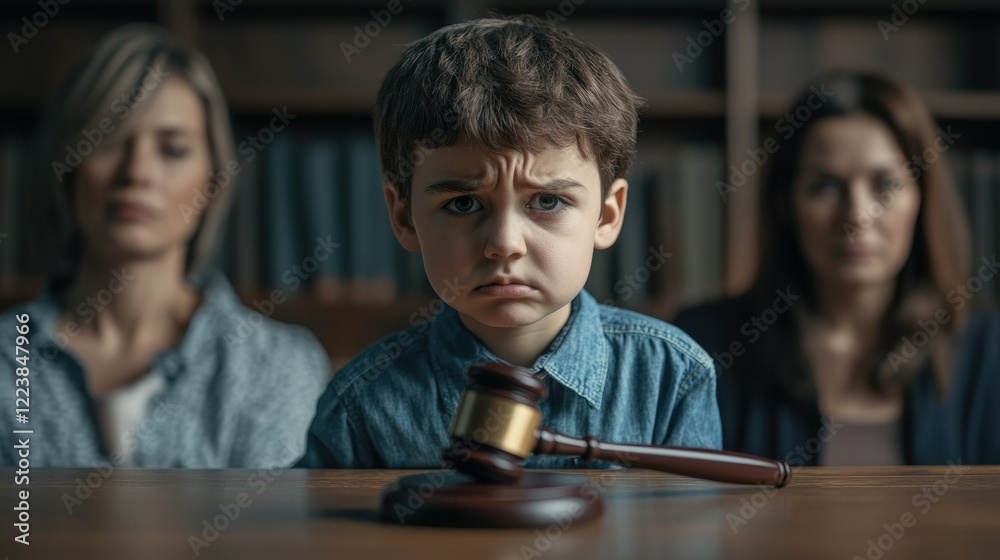 Sad boy sitting at a table in the background of his parents.