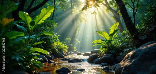 Fototapeta Naklejka Na Ścianę i Meble -  Sunlight streams through rich tropical forest. Small river flows between large rocks. Rich green vegetation, trees. Peaceful jungle scene. Exotic plants, foliage. Natural beauty. Tropical climate.