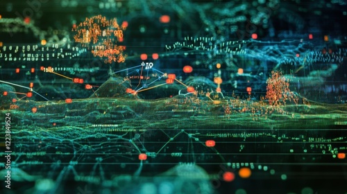 An intricate visualization panel on a computer screen showcasing realtime data analysis with ed data points and red highlights marking outliers amid a sea of blue and green data trends. photo