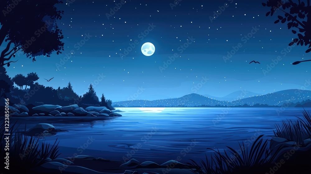 Fototapeta premium Nighttime Landscape with Full Moon Over a Lake