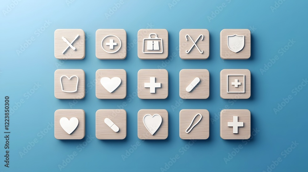 Visual concept of healthcare insurance with wooden cubes showcasing medical icons and symbols such as cross pills Visual concept of healthcare insurance with wooden cubes showcasing medical icons and symbols such as cross pills