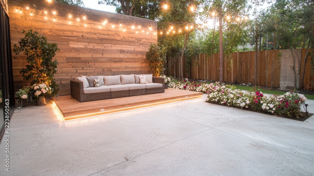 Obraz premium Backyard patio with wooden wall, sofa, and lights. Relaxing outdoor space, perfect for entertaining