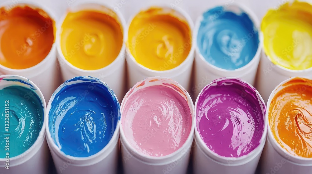 Colorful paint pots, studio setup, vibrant hues, artistic background, craft supply image Colorful paint pots, studio setup, vibrant hues, artistic background, craft supply image