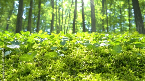 Sunlit forest floor, lush moss, green plants, peaceful nature scene, ideal for eco-tourism brochures photo