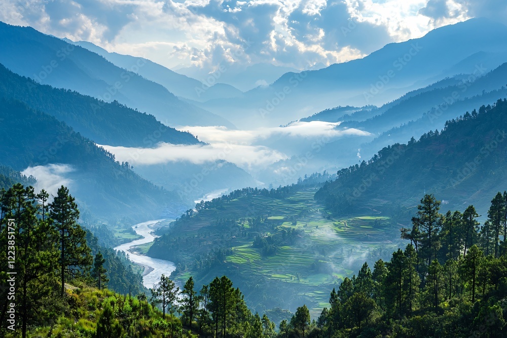 Fototapeta premium Serene Mountain Landscape with River, Lush Green Valleys, and Misty Background at Dawn