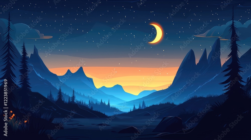 Obraz premium A Crescent Moon Illuminates a Mountainous Landscape Under a Starry Night Sky