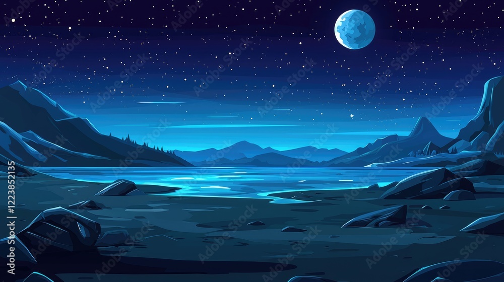 Fototapeta premium A Serene Night Landscape with a Crescent Moon and Stars Above Mountains and a Lake