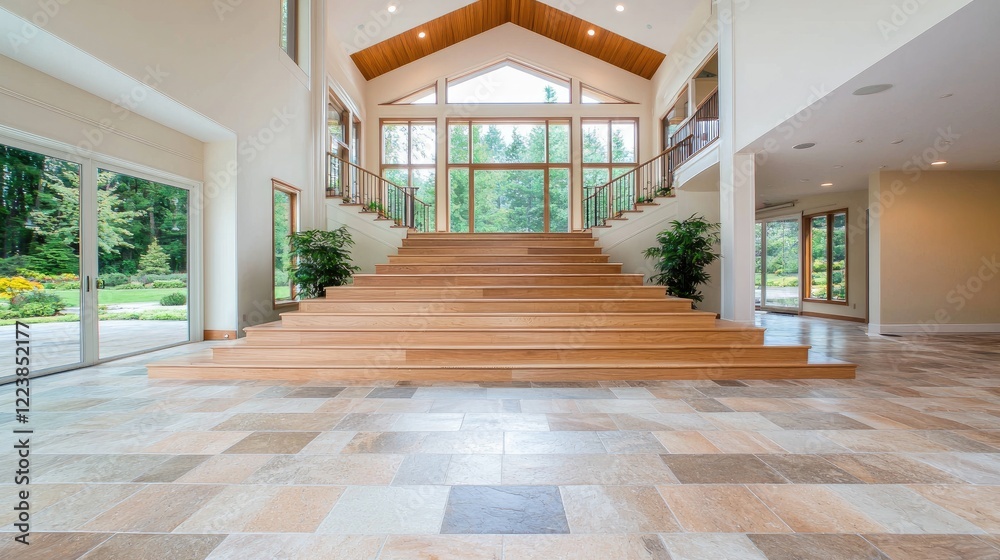 Obraz premium Grand staircase in modern home, forest view