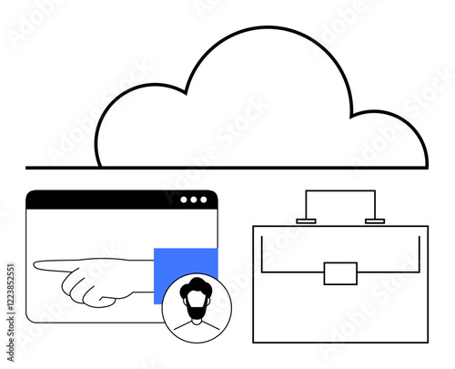 Cloud above browser window with pointing hand, user profile icon, and briefcase. Ideal for technology, collaboration, cloud storage, networking, teamwork, online tools abstract line flat metaphor