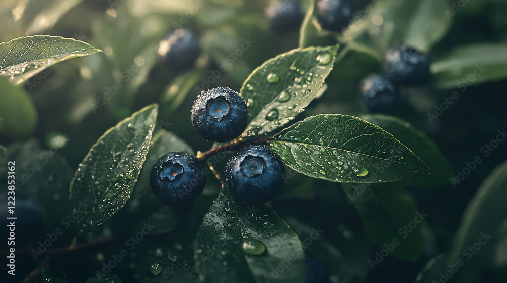 Fototapeta premium Close-up of fresh blueberries on lush green leaves with water droplets, showcasing nature's bounty